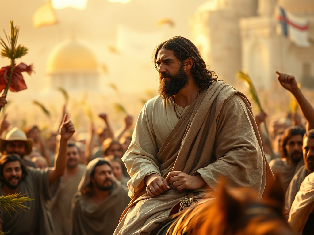 Jesus enters Jerusalem on a donkey as people wave palm branches and throw their cloaks on the ground in front of him.