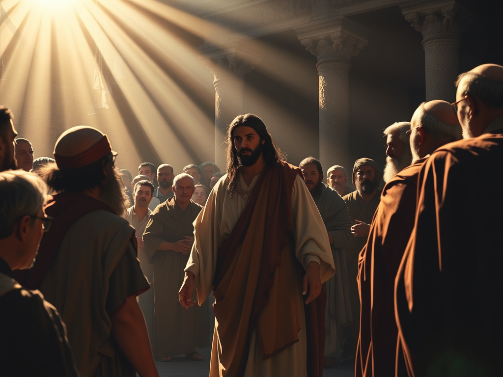 Jesus on trial before the Pharisees, who reject Jesus and claim allegiance to Caesar